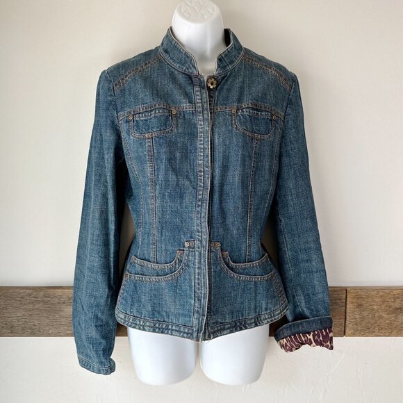 Tahari Denim Jacket Leopard Print interior Structured Nice! S - Picture 8 of 8